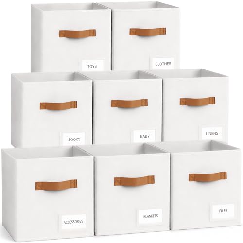 Stowsia Storage Cubes 8 Pack, 11 Inch Fabric Storage Cubes Organizer Bins with Labels, Odor-Free & Sturdy PP Structure, Cubby Baskets for Closet, Shelves, Toys & Nursery (White)
