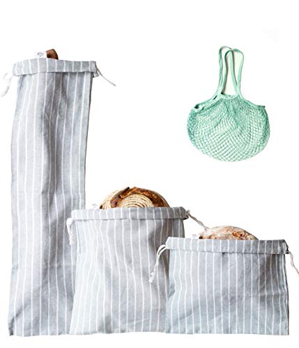 Bread Bags for Homemade Bread, Set of 3 Premium Quality Reusable Linen Bread Storage Bags with Ties + Gift Produce Bag for Groceries, Organic Bread Bags for Keeping Baguettes, Artisan Bread, Etc