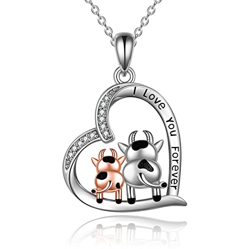Blue Circle Crystal Cow Necklace for Women I Love You 925 Sterling Silver Cow Gifts Pendant Jewelry Birthday for Her Girl