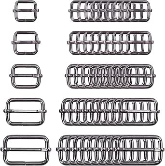 Swpeet 50Pcs 5 Sizes 1/2" 3/4" 1" 5/4" 5/8" Multi-Purpose Metal Rectangle Adjuster Triglides Slides Buckle for Belts Hardware