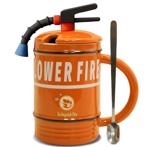 ZONSUSE Taza Extintor Cerámica,Tazas de Cafe Personalizada,Tazas Desayuno con Tapa Cuchara,Taza de Té Creativa,Regalo Original para Hombres Mujeres Padre Marido Esposa Amigos Niños Bomberos (Naranja)