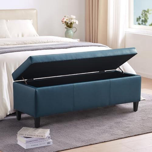 Image of HUIMO Faux Leather Storage Ottoman Bench 50.3 Inch Extra Long PU Upholstered Bedroom Bench with Large Storage Space for The Living Room, Entryway, Bedroom Hold Up to 300lbs (Peacock Blue)