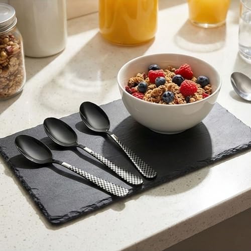 Image of Dinner Spoon Set of 5 ? 8.1 inch Charcoal Black Finish Tablespoons with Checks Printed Handle, Durable Stainless Steel & Dishwasher Safe Silverware for Home, Restaurant, and Gifting