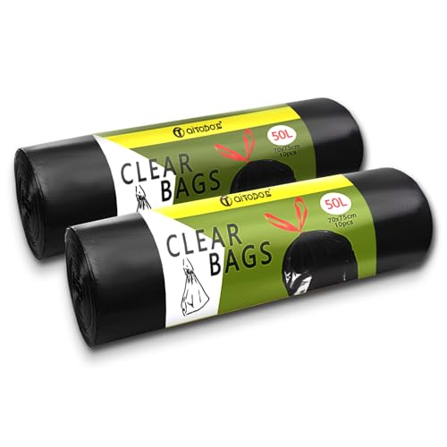 Aitodos 20 Stück 50L Müllbeutel, L*H: 70 x 75cm, Schwarz, Polyethylen-Müllbeutel, passend für die Meisten Mittleren Mülleimer (2 Rollen, 10 pro Rolle)