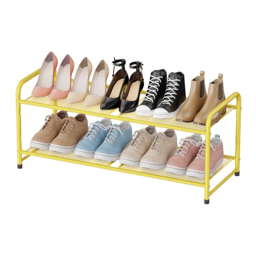 Image of 2 Tier Shoe Storage Rack with Steel Mesh Shelves for Entryway,Gold