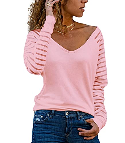 Homlan T-shirt à manches longues, col en V et rayures en mesh, coupe élégante, ample et décontractée, pour femme, Rose, S