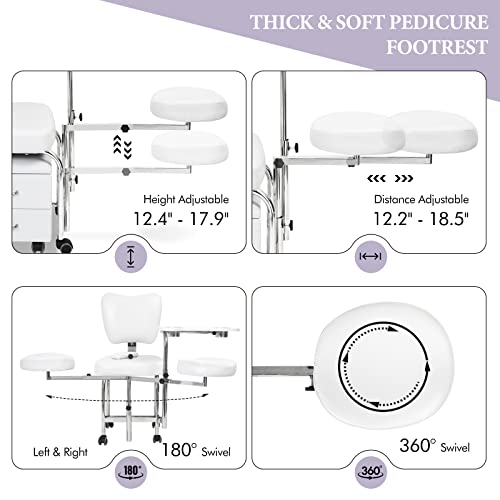 OKAKOPA Adjustable 2 in 1 Compact Mobile Manicure Pedicure Chair, Portable Pedicure Manicure Station with Stool for Technician, Salon Nail Board, Footrest, Mobile Stool W/Drawers (White) - Thumbnail 4