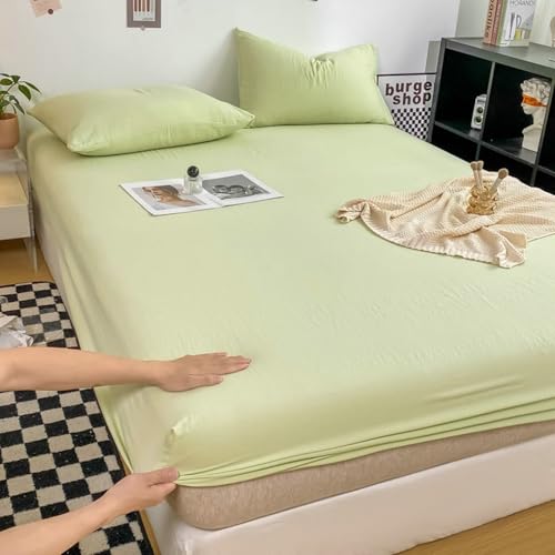 Sábana bajera ajustable doble pequeña para mujer, de algodón lavado, suave, cómoda, color amarillo y verde, 78 pulgadas de largo x 47 pulgadas de ancho, 1 pieza