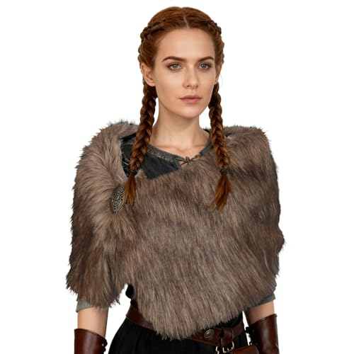 keland Col Fausse Fourrure Étole Cape d'épaule Écharpe Deguisement Viking Femme (Marron)