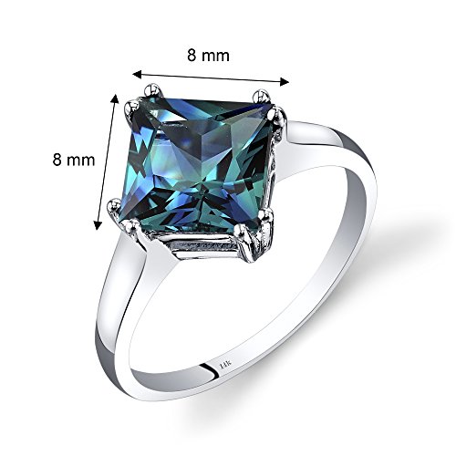 Peora Created Alexandrite Classic Solitaire Ring For Women In 14K White Gold, Color Changing 2.75 Carats Princess Cut 8Mm, Comfort Fit, Size 7 #TOP2