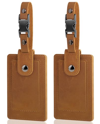 Genuine Leather Luggage Tags 2-Pack, Quick Release, Brown