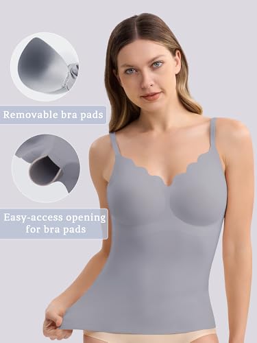 Image of GXOULRRA Comfortable Wireless Women's Camisoles Tank Tops with Built in Bra Seamless Tank Tops for Women Camis Tank Grey,L