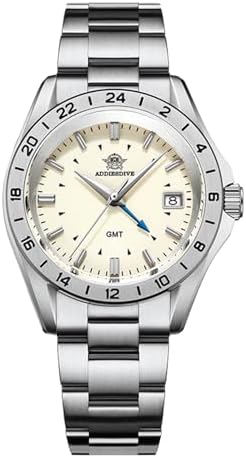 Addiesdive AD2063 38mm Mens Watch GMT 515-24H Quartz Watch 200M Water Resistant, Beige Dial, casual watch