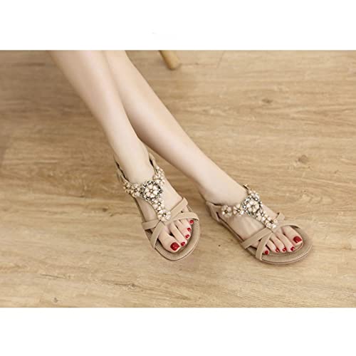 ls For Women Women Beach Flat Heel ls Petal Rhinestone Ankle TStrap Shoes Elastic Band Soft6.5 UK2
