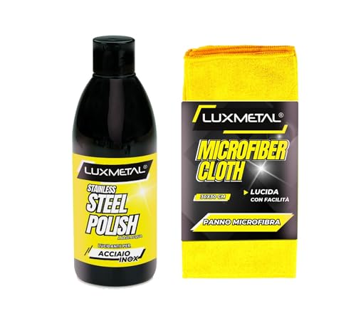 Lux Metal Polish Kit de Pulido para Acero Inoxidable 250 g + Paño de Microfibra, Pasta Abrasiva para Coche, Moto y Carrocería, Abrillantador Profesional que Elimina Óxido, Arañazos y Protege Cromados