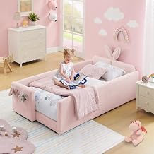 Twin Size Kids Bed with Rabbit Ear Headboard, Upholstered Boucle Fabric Twin Daybed with Slats Support & Side Pockets, Space-Saving Wooden Corner Sofa Couch Bed Frame for Girls, Boys, TeenagerPink