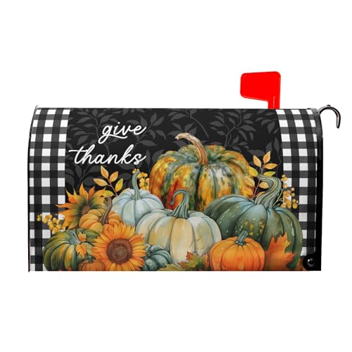Image of Fall Pumpkin Magnetic Mailbox Cover Standard Size 18 inchx21 inch - Thanksgiving Autumn Harvest Buffalo Plaid Wrap for Home Garden Yard Post Letter Box