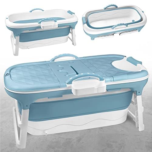 TRMLBE Bañera para adultos plegable 148 x 62 x 52 cm PP+TPE Bañera plegable portátil con cubierta extraíble y asa - Azul