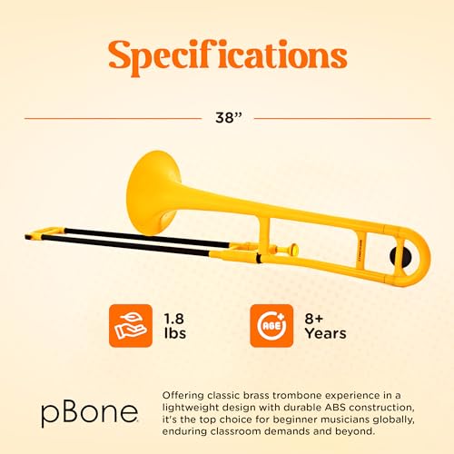 pBone Posaune, ABS-Kunststoff Posaune (Fiberglas Zugrohre, 8\ Schallstück, 12,7 mm Bohrung, Kunststoff-Mundstück mit schmalem Schaft, inklusive Tasche), Gelb