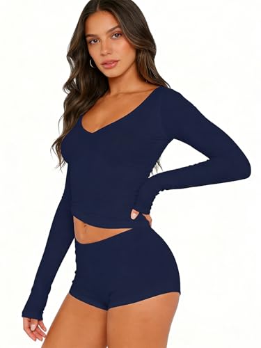 Image of Dressmine Sexy Pajamas Set for Women Spring Pj Lounge Sets 2 Piece Cute Sleepwear Long Sleeve V Neck Y2K Tops Shorts