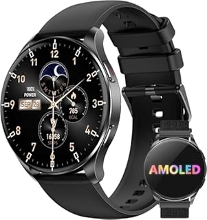 IOWODO Smartwatch Damen Herren 2025 (Rund 1.43" AMOLED) | Bluetooth Anrufe + 380mAh Akku (7 Tage) | 2 Armbänder | IP68 Wasserdicht | 100+ Sportmodi | 24/7 Puls+SpO2+Schlafanalyse | iOS/Android