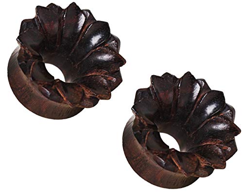 Pierced Owl Hand Carved Dark Brown Lotus Flower Sono Wood Tunnel Plugs, Sold as a Pair (12mm (1/2"))