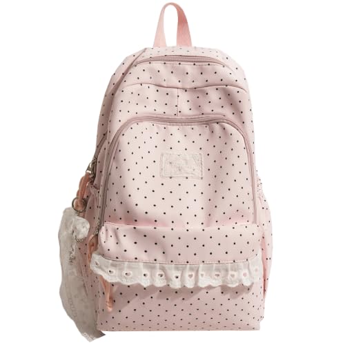 Extolove Cute Kawaii Polka Dot Backpacks for Women Y2K Lace Coquette Backpack (Pink)