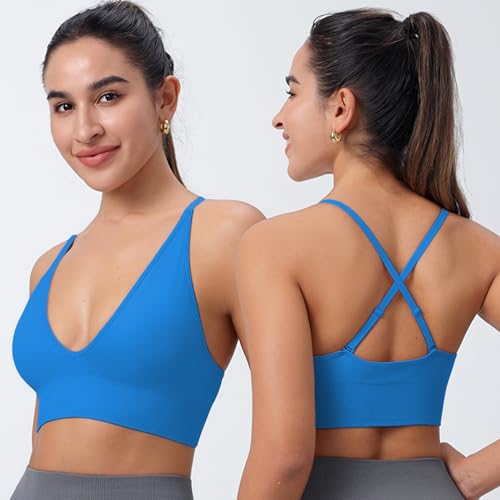 Image of Evercute Women's Sports Bras 3 /4 Pack Adjustable Deep V Neck Bras Wireless Spaghetti Strap Criss Cross Padded Low Support Bra