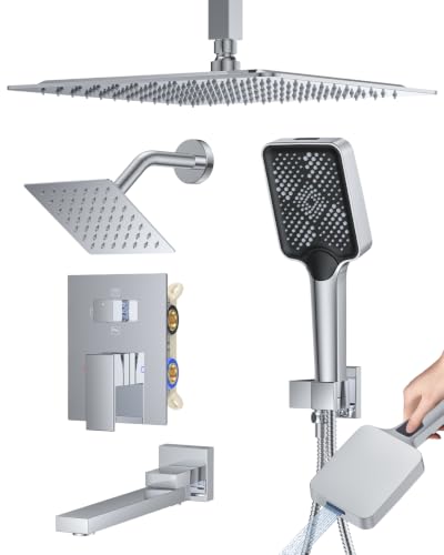 Image of Woindo 4 Function Shower Faucet Set 12 inch Rain Shower Head /6'' Side Shower Head and 3 Setting Handheld Ceiling Mount Push Button Diverter Complete Rainfall Round Shower System Included Valve Trim Kit