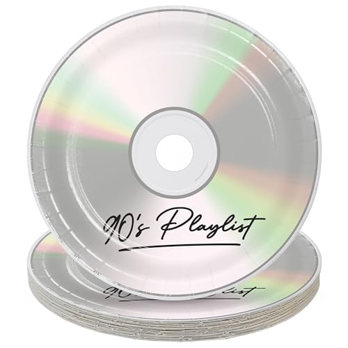 HOME & HOOPLA 90's Party Supplies - 1990's Mix Playlist Round CD Paper Dinner Plates for 16 Guests