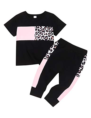 Toddler Girl Summer Clothes Leopards Short leeves Shirt Tops and Pants 2PC Shorts Outfit Set (Size 110/2-3T)