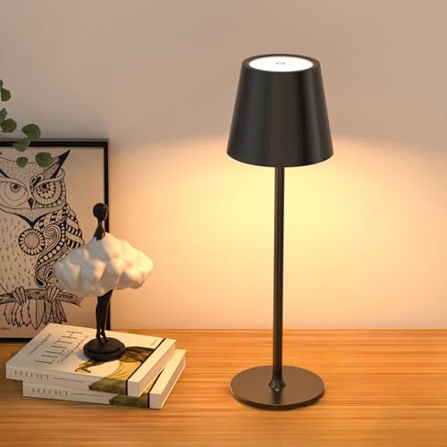 JACKYLED Cordless Table Lamps Rechargeable, 3 Adjustable Height, 5000mAh Battery Operated, 3 Colors Smooth Dimming, Portable LED Waterproof Table Lamp for Dining, Bedroom, Outdoor- Black