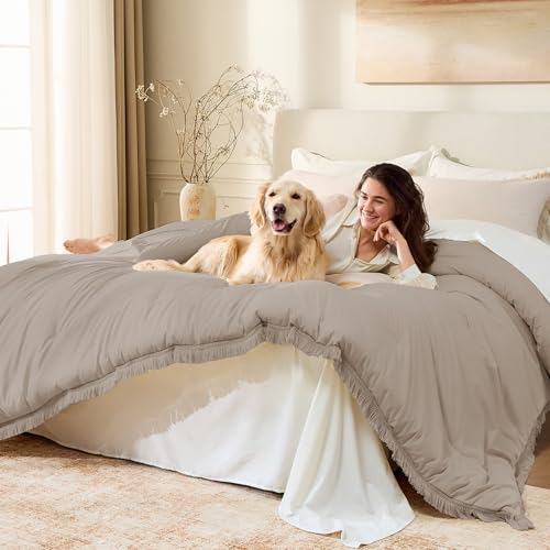 Image of Andency Comforter Full Size Set Khaki, 3 Pieces Boho Winter Lightweight Bedding Comforter Sets, All Season Tassel Bed Set (79x90In Comforter & 2 Pillowcases)
