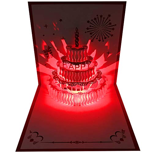 Akeydeco Tarjetas de cumpleaños 3D desplegables con luz LED roja, tarjeta de cumpleaños con música, tarjetas de felicitación desplegables cortadas con láser, mejores para mamá, esposa, hermana, niño,