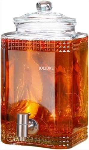 ドリンクサーバー JQEJDKE ガラス 冷水筒 大容量 ドリンクディスペンサー 蛇口付き パーティー 家庭用 業務用 ピッチャー ジュース ビール保存容器 密閉缶 飲料カップ 果実酒 ビュッフェ (5L,ステンレス蛇口)