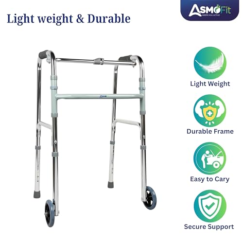Image of ASMOFIT Foldable Walker with Wheels - Lightweight, Adjustable Height, Sturdy Frame for Elderly Support, Easy Mobility Aid for Seniors
