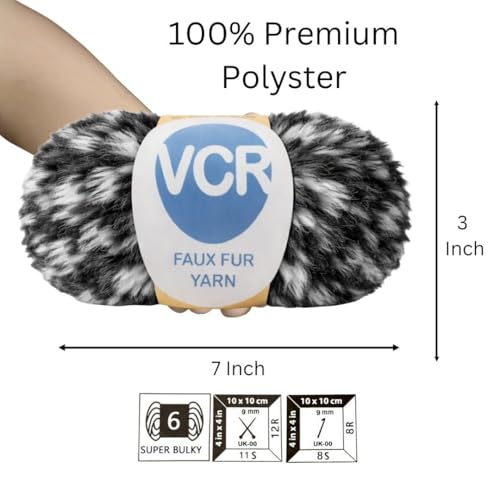 Image of VCR Black and White Yarn, Bulky Chunky Faux Fur Yarn, 100 Grams Hank, 100% Polyester, Suitable for Knitting Jackets, Scarves, Hats, Blankets, Cushions, Toys and Decorative Accents