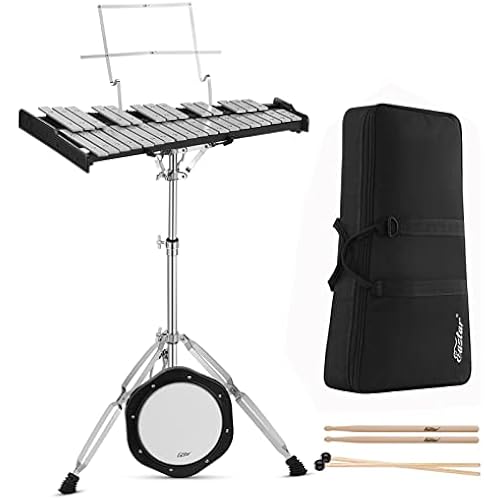 Eastar Professional 32 Note Glockenspiel Xylophone Bell Kit Percussion Kit with 8 Inch Drum Practice Pad, Stand, Glockenspiel Stick, Drum Sticks and Carrying Bag