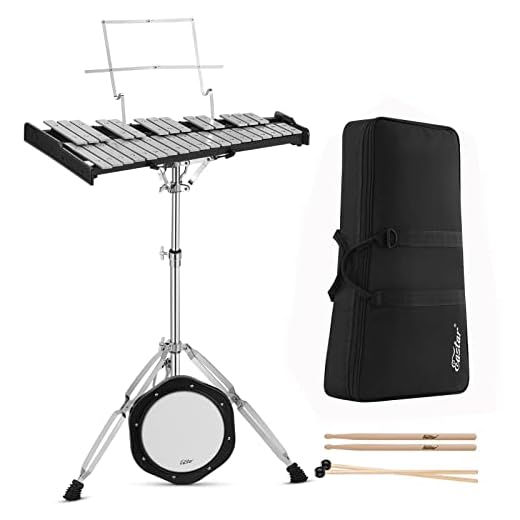 Eastar Professional 32 Note Glockenspiel Xylophone Bell Kit Percussion Kit with 8 Inch Drum Practice Pad, Stand, Glockenspiel Stick, Drum Sticks and Carrying Bag