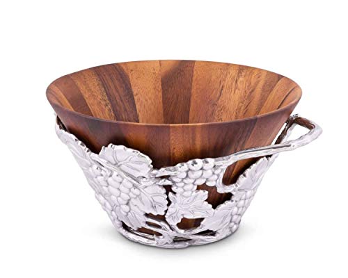 Arthur Court Designs Acacia Wood Salad Bowl with Aluminum Grape pattern stand 12\" Diameter - Thumbnail 2