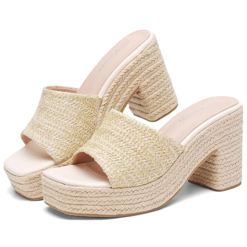 Image of Yavero Espadrille Platform Sandals For Women Raffia Chunky Heels Open Toe Bohemia Sandals for Vacation,Beach