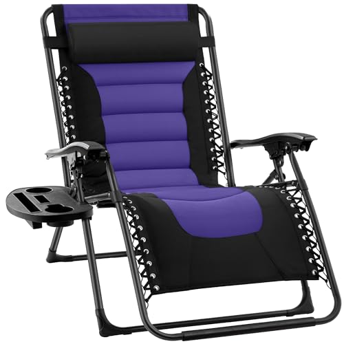 Best Choice Products Oversized Padded Zero Gravity Chair, Folding Outdoor Patio Recliner, XL Anti Gravity Lounger for Backyard w/Headrest, Cup Holder, Side Tray, Polyester Mesh - Black/Purple
