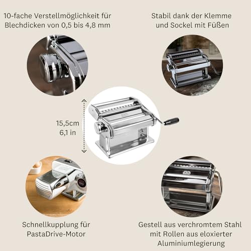 MARCATO Pasta Machine, Nudelmaschine,Hergestellt in Italien, verchromter Stahl, für Lasagne, Fettuccine, kompatibel mit 12 zusätzlichen Nudelformen. Modell: Atlas 180
