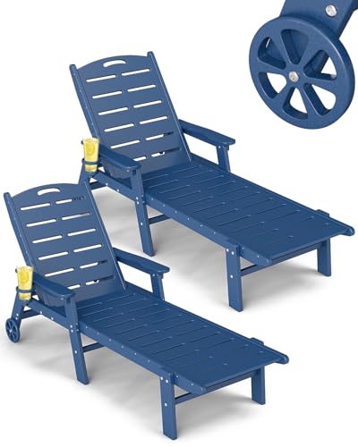 FOOWIN Chaise Lounge Chair Set of 2, HDPE Lounge Chair Outdoor with 5 Positions, Oversized Pool Lounge Chairs with Rolling Wheels & Cup Holder for Poolside Deck Backyard, Blue