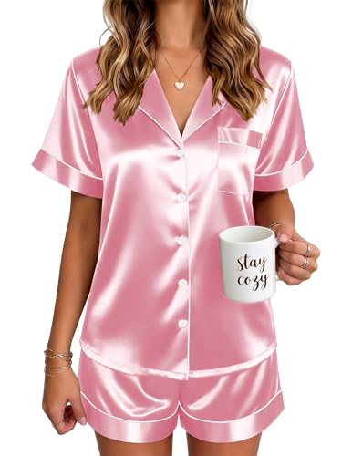 Ekouaer Satin Pajamas for Women Short Sleevce Sleepwear 2 Piece Silk Pjs Shorts Set Comfy Button Down Loungewear Pink M