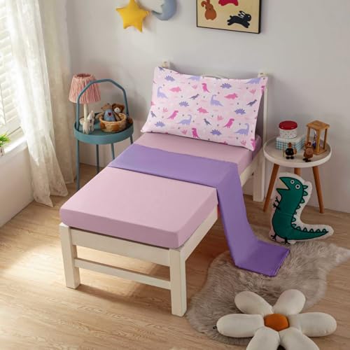 Image of 4 Piece Toddler Dinosaur Bedding Set for Girls,Pink Dino Toddler Comforter Sets Soft Bed Set Include Comforter,Fitted Sheet,Flat Top Sheet and Pillowcase,Bed in A Bag for Bedroom