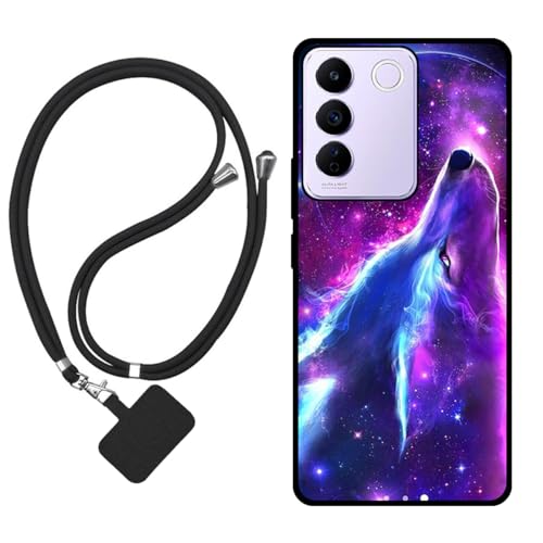 Sunrive Funda Compatible con Vivo V27,Slim Fit Gel Mate Carcasa Case Bumper de Impactos y Anti-Arañazos Espalda Cover (Lobo,Luna,Estrellas)+1 X Correa Universal