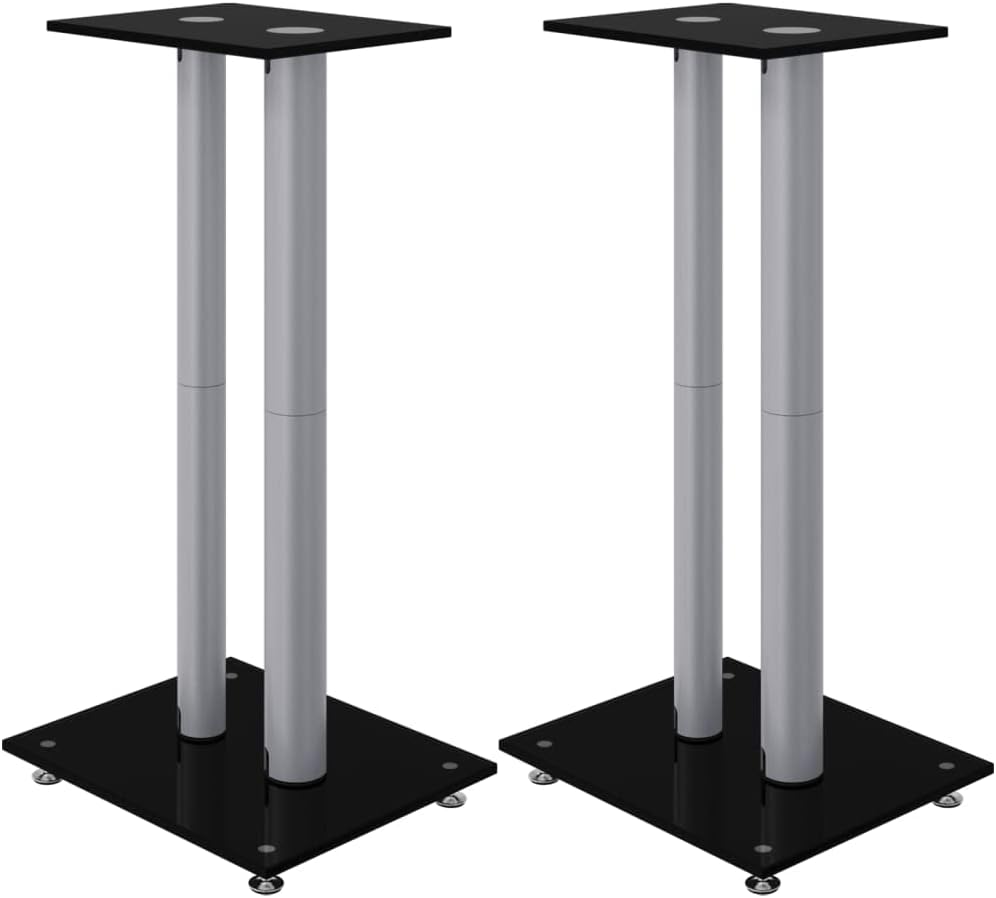 vidaXL Speaker Stands 2pcs, Speaker Floor Stand Bookshelf Speaker, Monitor Speaker Stand, Modern Style, Black&Silver Tempered Glass 2 Pillars Design