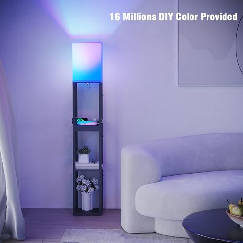 Image of SUNMORY RGB Floor Lamp with Shelves, Solid Wood Shelf Lamps for Living Room