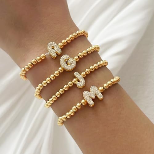 RINHOO Initial Bracelets for Women Dainty 18K Gold Plated Strand Beaded Bracelets with A-Z Crystal Letter Charm Jewelry Gifts for Mother's Day Christmas2